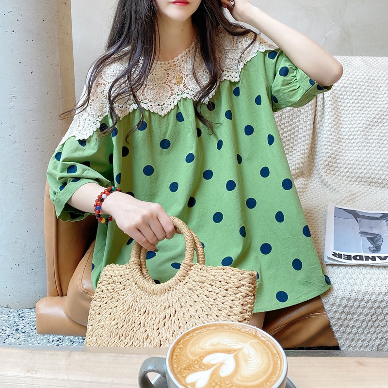 Áo Sơ Mi Vải Lanh Cotton Phối Ren Họa Tiết Chấm Bi Kiểu Hàn Quốc Thời Trang Mùa Hè 2022