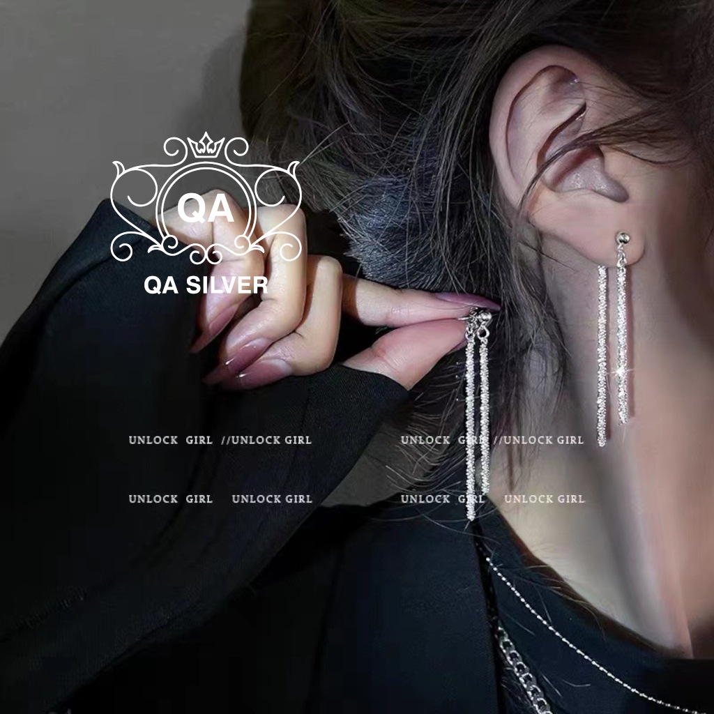 Khuyên tai bạc 925 dài tua sequin bông nữ trước sau front back S925 CHAIN QA Silver Earrings EA220801