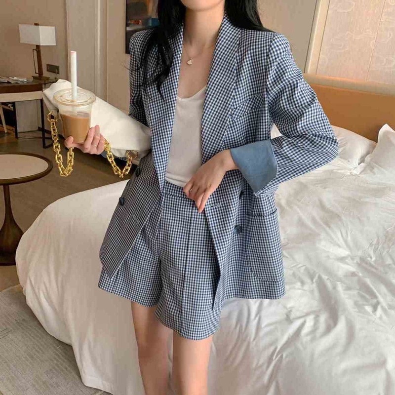 Bộ Áo Khoác Vest Họa Tiết Sọc Caro Màu Xanh Dương Hàn Quốc Nữ 031121