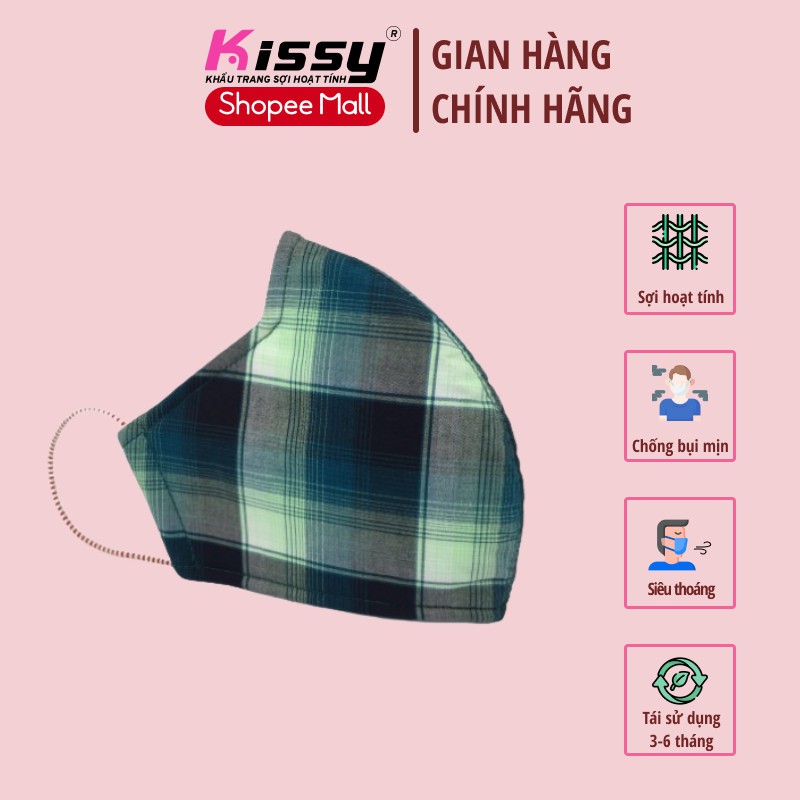 Khẩu trang vải 3 lớp Kissy người lớn size L cho họa tiết kẻ sọc xanh chống nắng và chống bụi mịn hiệu quả