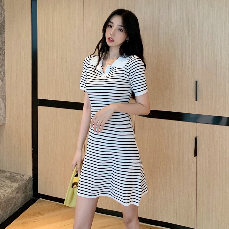 Đầm dệt kim ZHELIHANGFEI tay ngắn cổ bẻ họa tiết kẻ sọc thời trang cho nữ