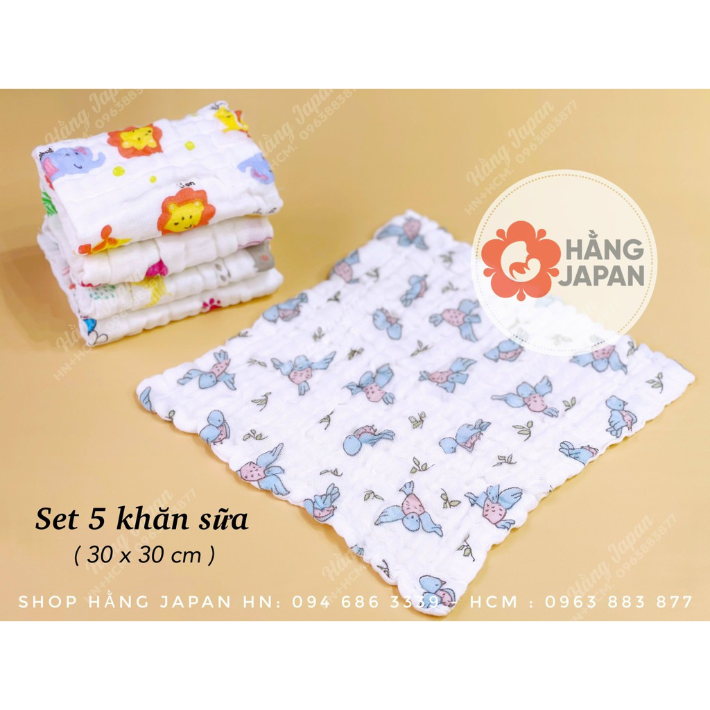 Set 5 cái khăn sữa  vải xô 6 lớp cho bé sơ sinh - Thích hợp để lau người, tắm, lau mồ hôi và làm khăn quảng cổ cho bé