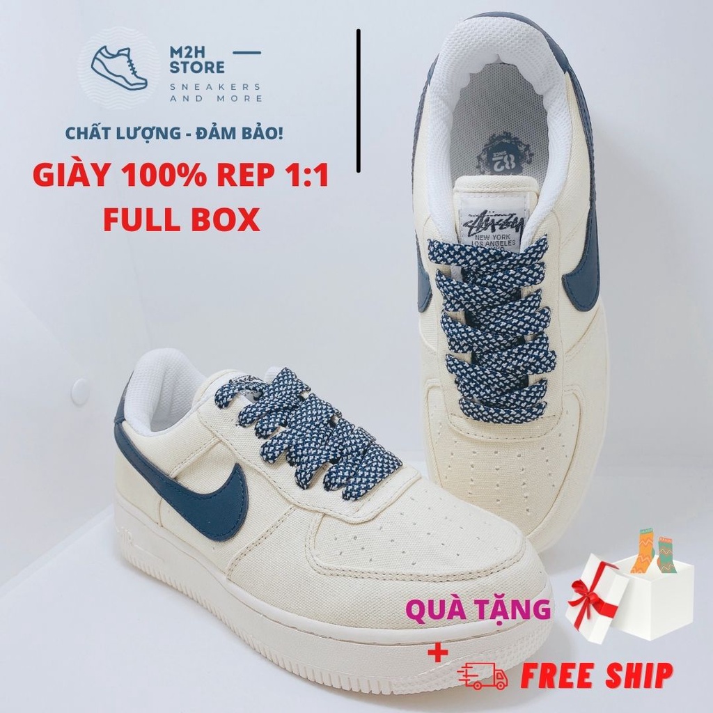 Giày Thể Thao Nam Nữ Sneaker AF1 Cổ Thấp Vải Màu Sữa Xanh Full Size