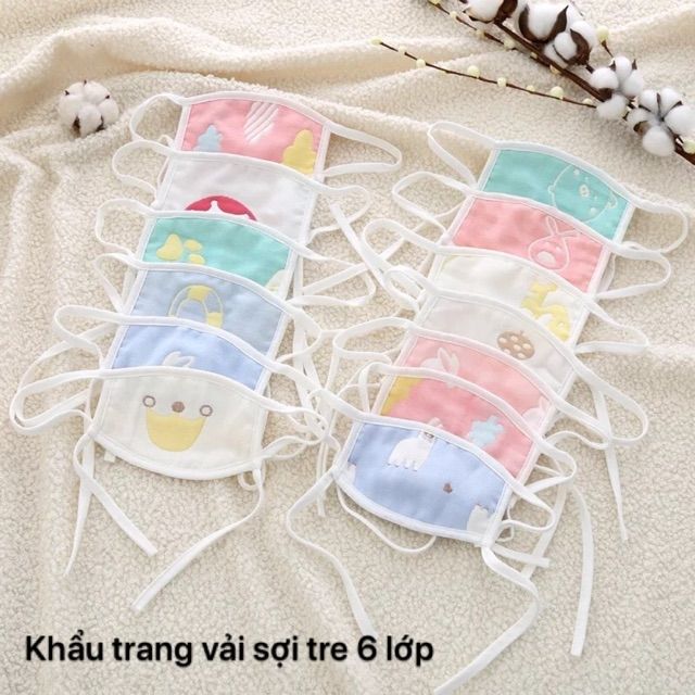 Khẩu Trang Sợi Tre 6 Lớp Buộc Dây Cho Bé 0-5 Tuổi
