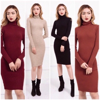 Váy body tay dài cổ lọ + ảnh thật