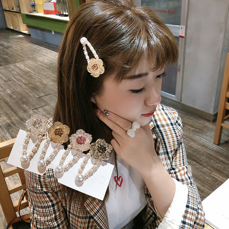 kẹp tóc đẹp Korea Imitation Pearls Crystal Flower Hairpin Fashion kẹp tóc Wild Side Clip Bangs Clip