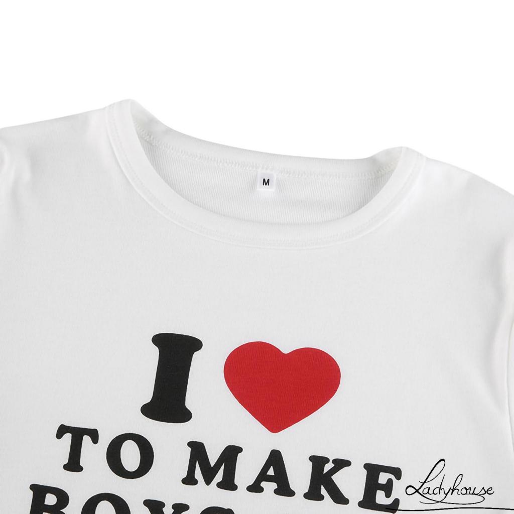 LDD-Women´s Crop Tops, Crew Neck Short Sleeve Letter Print Slim Fit Pullover T-Shirt for Young Ladies