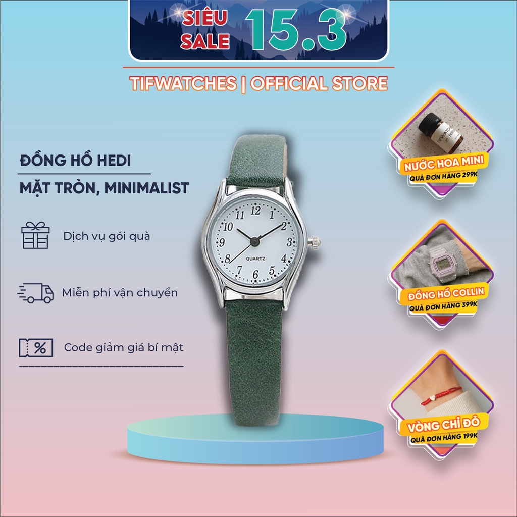 Đồng hồ nữ dây da HEDI mặt số xanh lá mặt trắng Watchesbytif đồng hồ mặt nhỏ đẹp giá rẻ phong cách Hàn Quốc size 22mm