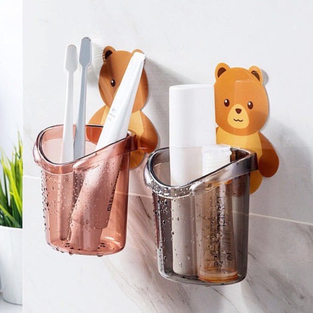 Cốc gấu dán tường đựng bàn chải kem đánh răng cốc đựng bàn chải treo tường hình gấu nâu dễ thương