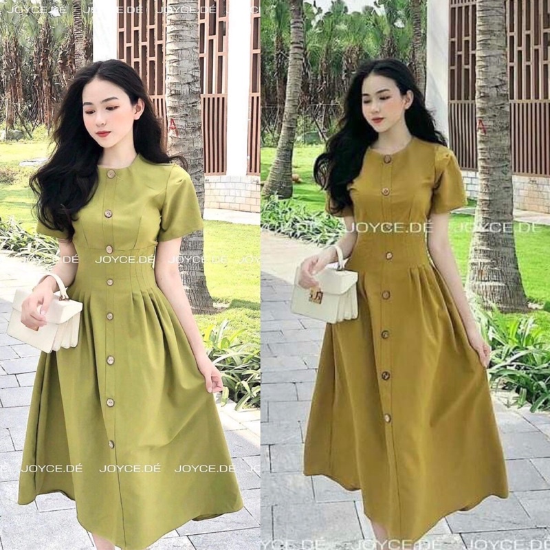 Váy Li Eo Cúc Dừa Cổ Tròn