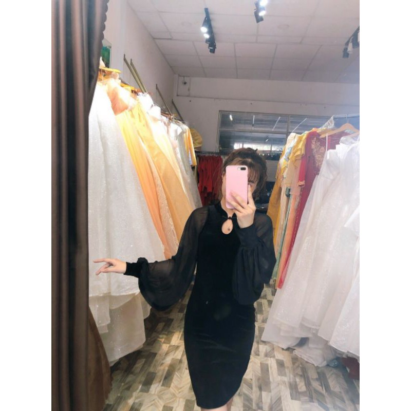 Sườn Xám Cách Tân Tay Phồng Vải Nhung Phối Voan 40-70kg | BigBuy360 - bigbuy360.vn