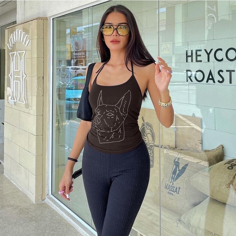 DUNEA Áo Sát Nách Cổ Chữ U Hở Lưng Đính Đá Quyến Rũ Thời Trang Cho Nữ