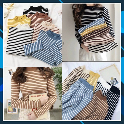Áo len dệt kim tay dài cổ 3 phân kẻ ngang ulzzang kiểu Hàn Quốc | BigBuy360 - bigbuy360.vn