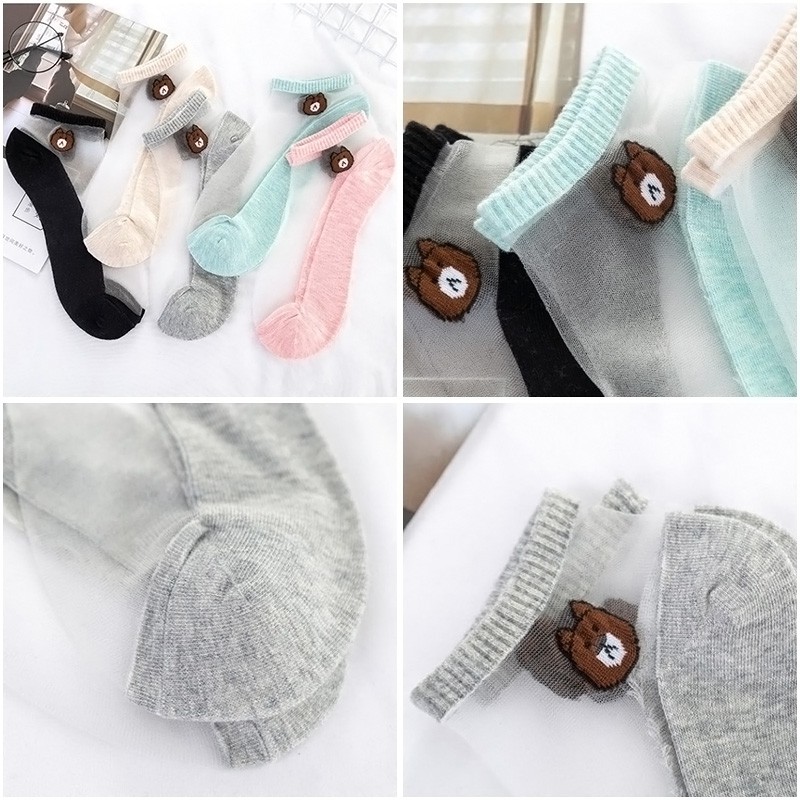 Set 5 Vớ ngắn nữ Hoa cúc / Gấu nâu Phối lưới trong suốt CUTE - Vớ lưới mỏng trong suốt