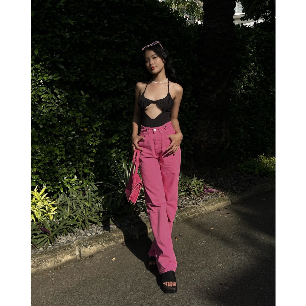 Quần jeans nữ suông dài, màu hồng, là min - STRAIGHT-LEG BUTTON JEANS - HOT PINK