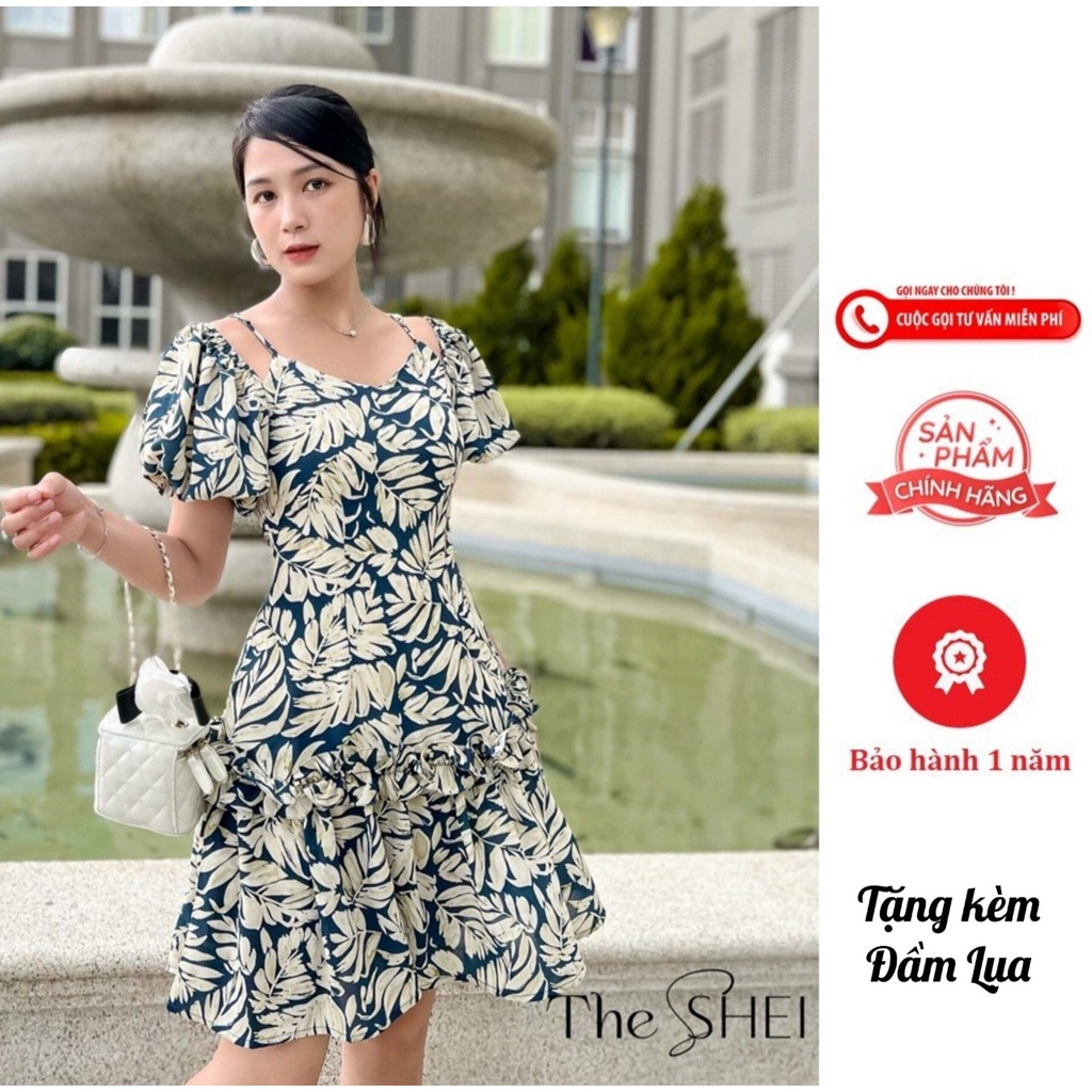 Đầm nữ dáng chữ A tay phồng The SHEI - Hoa xanh lá - TSD092237