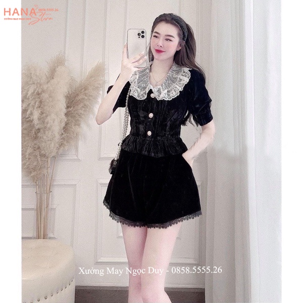 Quần short nhung phồng viền ren cạp cao chun co giãn - Quần sooc đùi nữ vải nhung lưng cao đi hẹn hò học chơi công sở