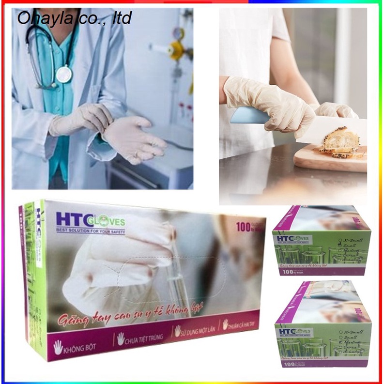 Găng tay y tế HTC Gloves không bột, cao su Latex màu trắng size S, M hộp 100 cái.