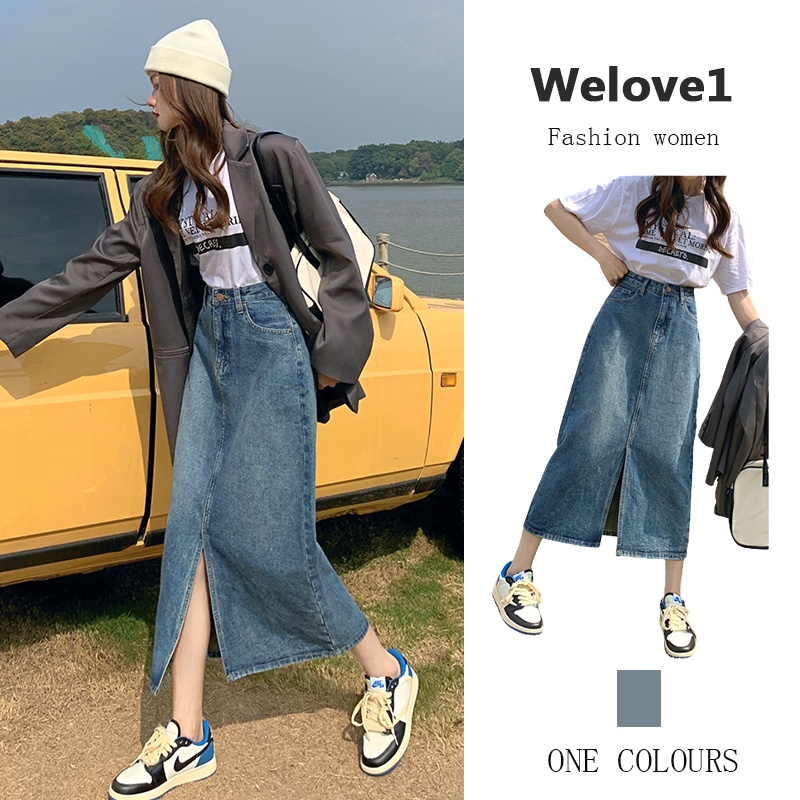 Chân váy jean dáng chữ A dài lưng cao thiết kế xẻ tà phong cách Mỹ retro thời trang mới dành cho nữ