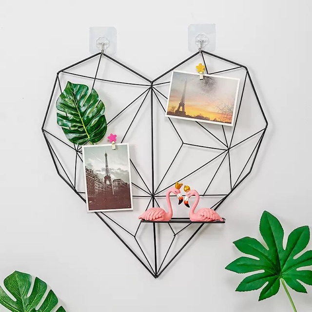 ⚡️KHUNG LƯỚI THÉP TRANG TRÍ DECOR HÌNH TRÁI TIM KÈM GIÁ. Tặng DÍNH VÀ 10 kẹp gỗ trang trí. 50x50cm