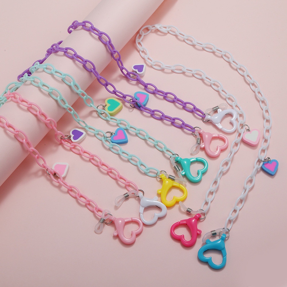 Dây chuỗi đeo mắt kính chống thất lạc hình trái tim chất liệu acrylic màu hồng/tím/xanh lá/trắng