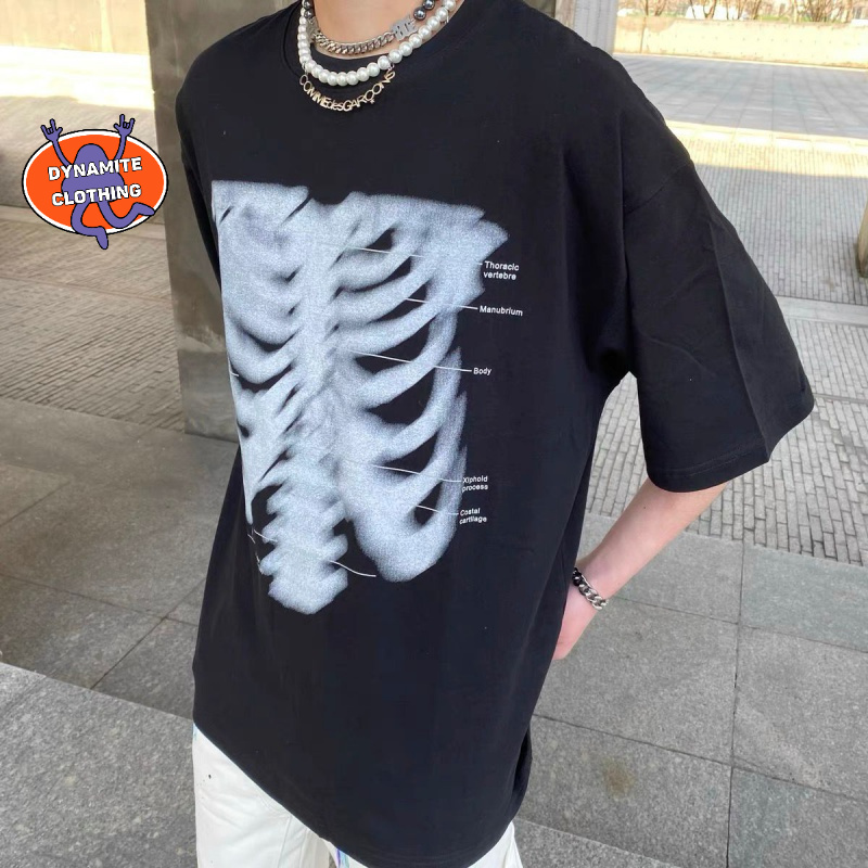 Áo thun tay ngắn cổ tròn dáng rộng in hình xương phong cách hip hop thời trang mùa hè cho nam size S-3XL