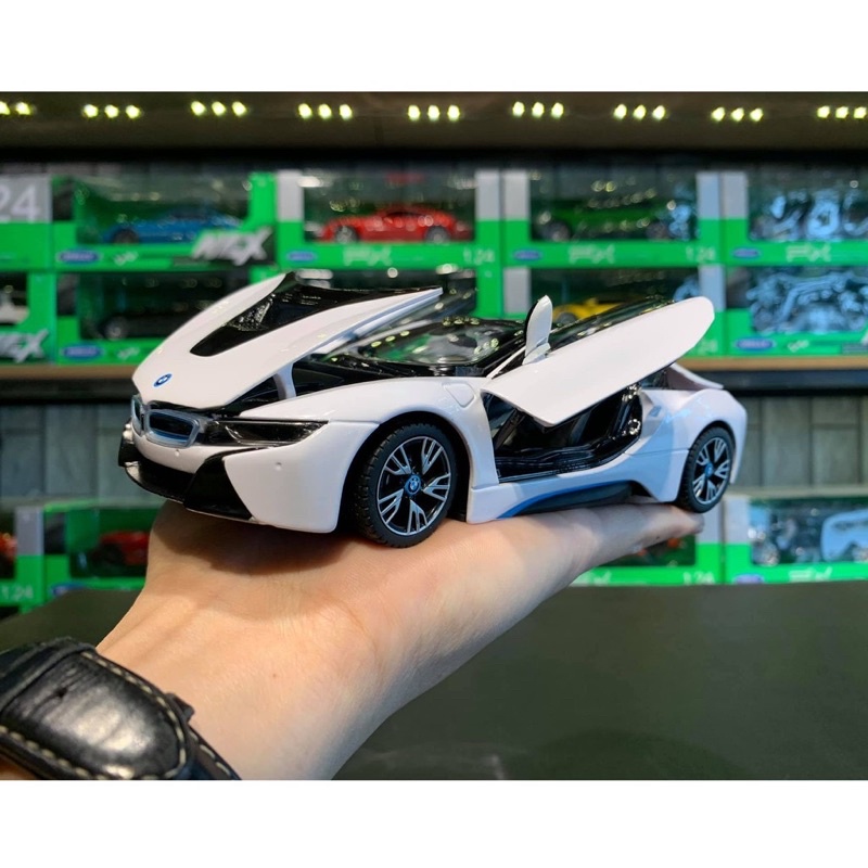 Mô hình xe ô tô siêu xe BMW I8 Hãng Rastar tỉ lệ 1:24 màu đen trắng