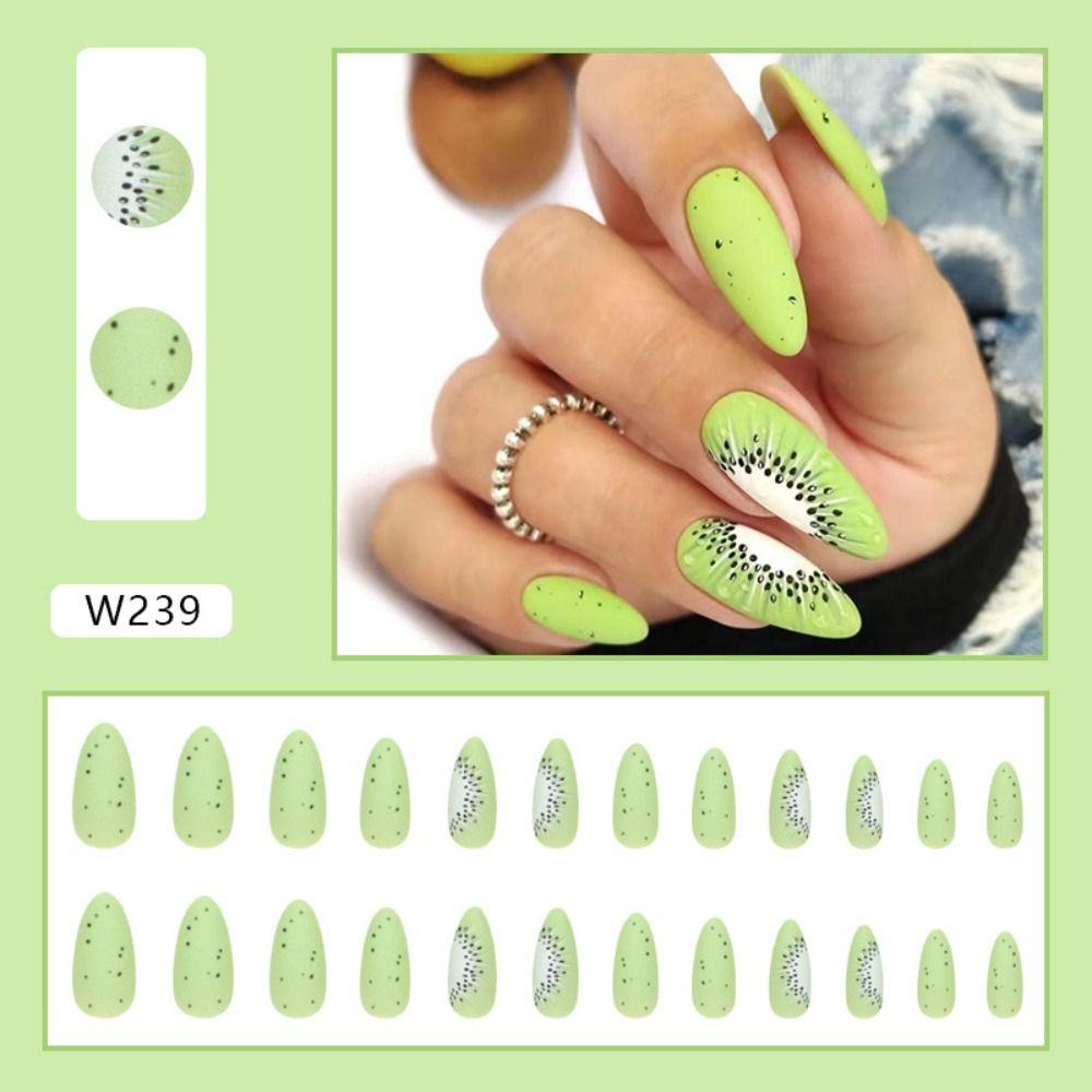 Bộ 24 Móng Tay Giả Che Phủ Toàn Diện In Họa Tiết Báo Hồng / Kiwi Xinh Xắn