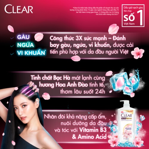 Dầu gộii đầu clear sạch gàu ngứa và vi khuẩn suốt 24 Giờ 630g