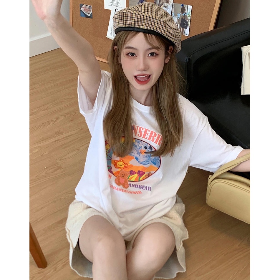 Áo Thun Dáng Rộng Ngắn Tay Cổ Tròn In Hình Gấu Và Chữ 50254 Hợp Mùa Hè