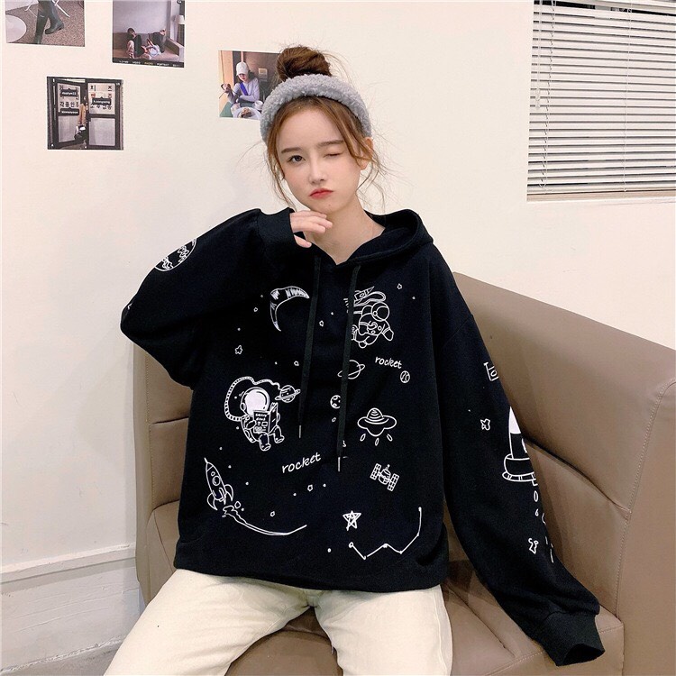 Áo nỉ unisex nữ họa tiết ngoài hành tinh dáng rộng thời trang hàn quốc- Áo hoodie chui đầu có mũ