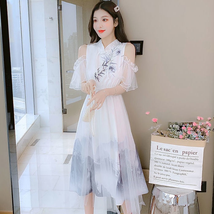 Đầm Hán Phục Cách Tân Dáng Dài Vải Chiffon Màu Gradient Thời Trang 2022 07.15
