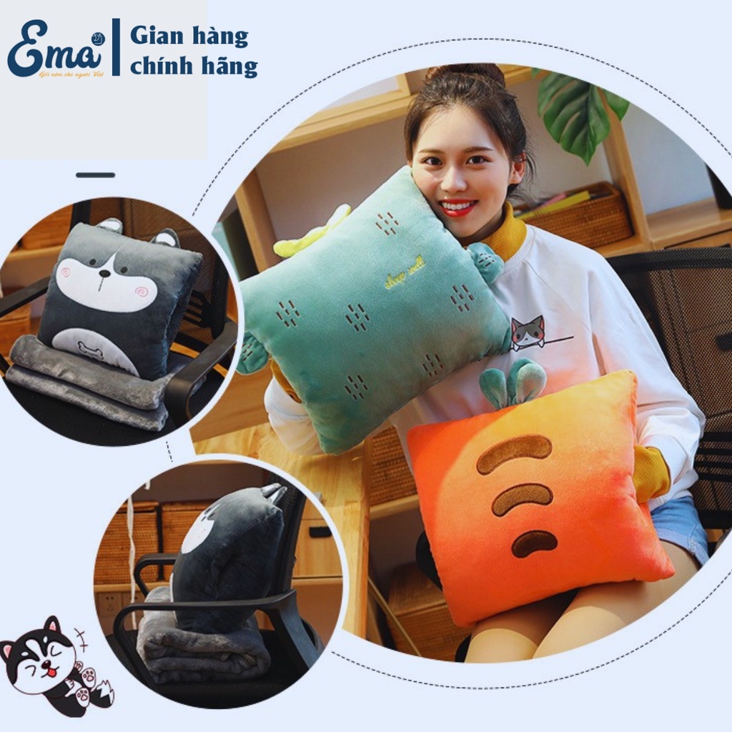 Bộ chăn gối văn phòng luồn tay hình thú 3 trong 1 Ema, Bộ chăn gối ngủ trưa đa năng hoạ tiết dễ thương,chăn văn phòng