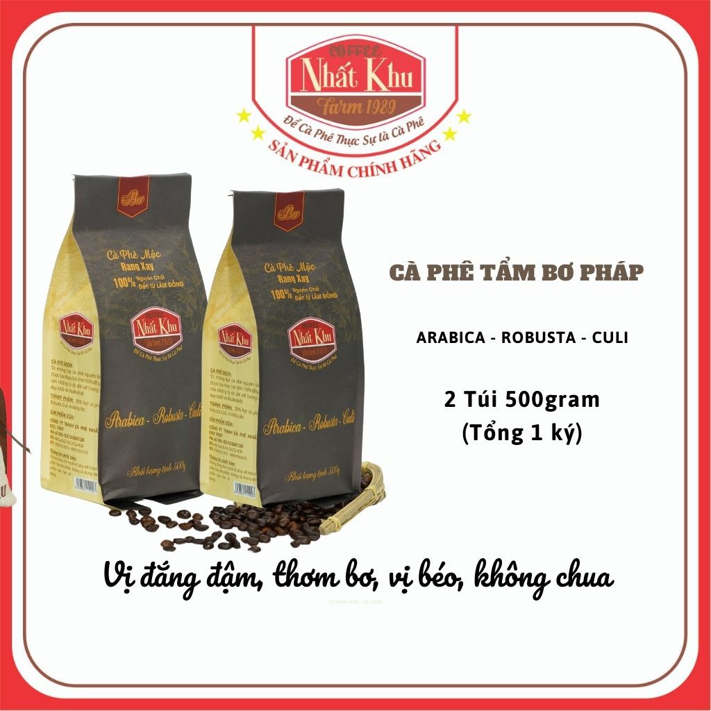 [Hàng chính hãng]1kg Cà Phê Rang bơ Pháp NHẤT KHU COFFEE thành phần 3 loại cà phê Arabica - Robusta - Culi