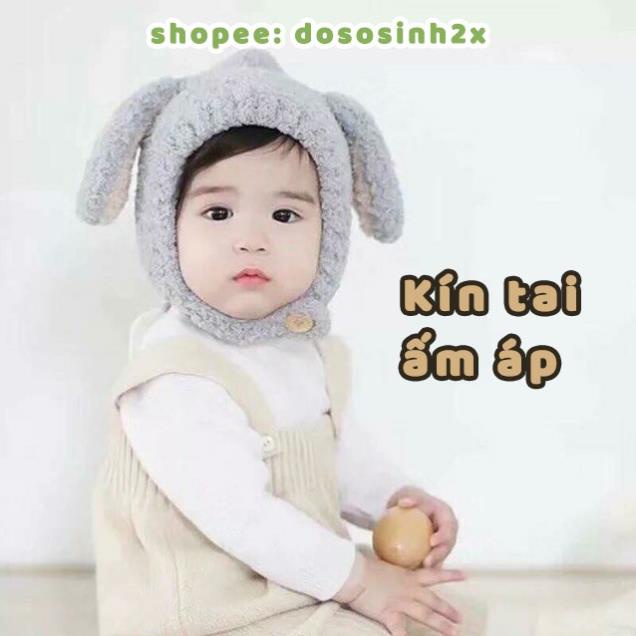 Mũ len cho bé trai bé gái lông cừu tai thỏ nón che kín tai cúc bấm dày dặn