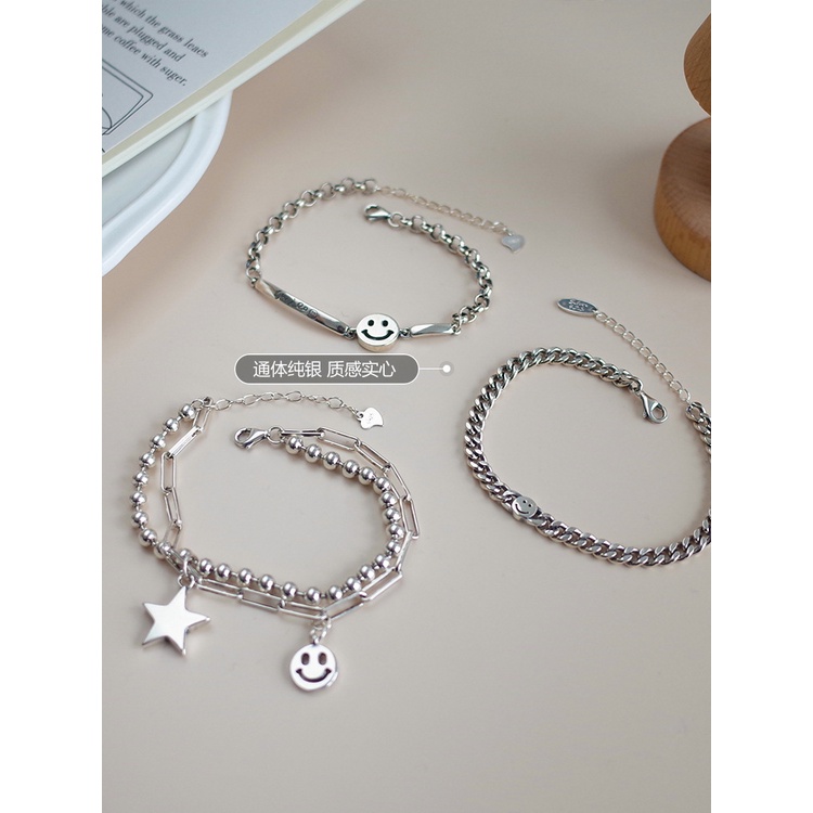 Vòng Tay Bạc Họa Tiết Mặt Cười Phong Cách Hip hop Hàn Quốc Thời Trang Cho Nữ