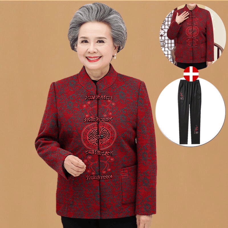 Bộ quần áo mùa thu đông cho người trung niên và người già cùng với áo khoác nhung dày bộ đồ mùa thu
