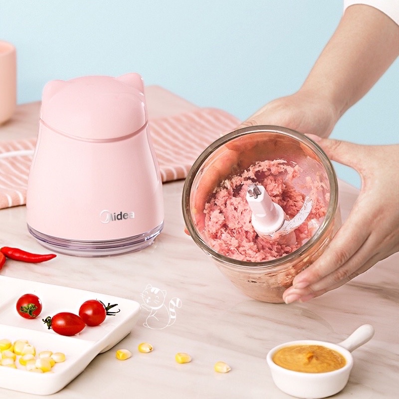 Máy xay thịt rau củ ăn dặm mini MIDEA màu hồng hình gấu cao cấp thuỷ tinh bảo hành 12 tháng