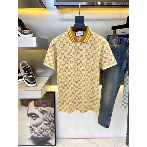 áo polo nam toàn thân in logo ngắn tay vải lụa mềm gucci Gc GG
