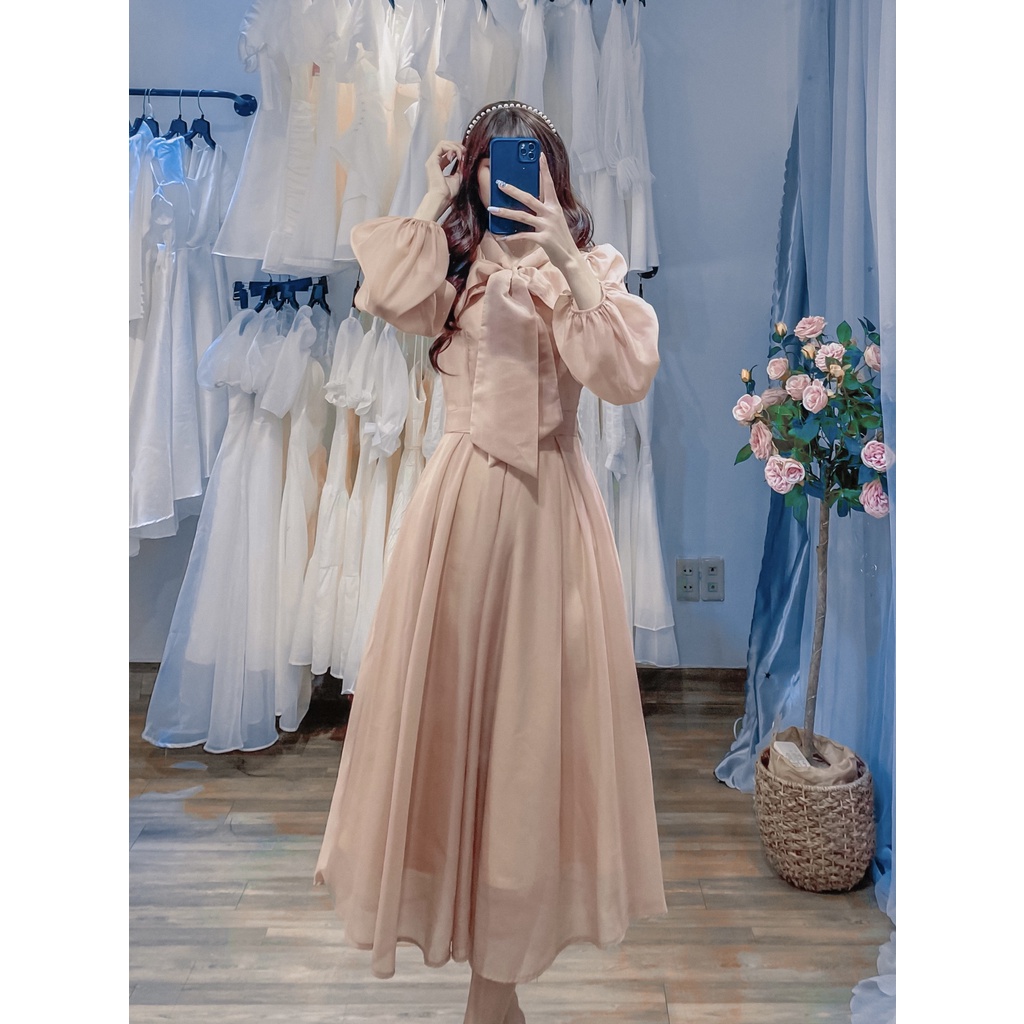 Đầm Dự Tiệc Tiểu Thư Tay Phồng Nơ Cổ - D0080