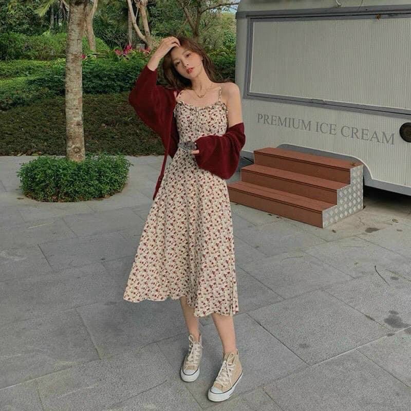 SET ĐẦM 2S HOA NUDE KÈM KHOÁC ĐỎ🖤