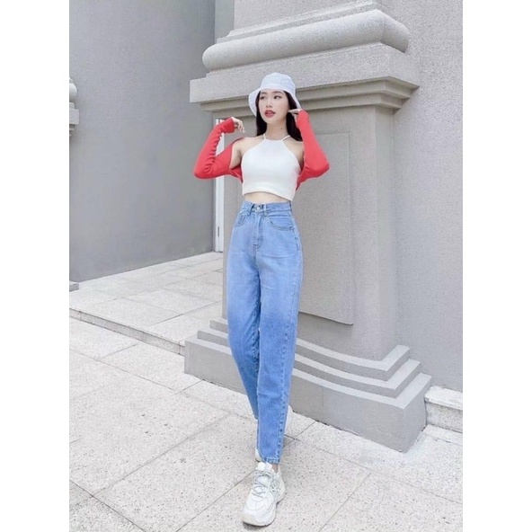 Quần baggy jeans trơn lưng cao loan màu👉