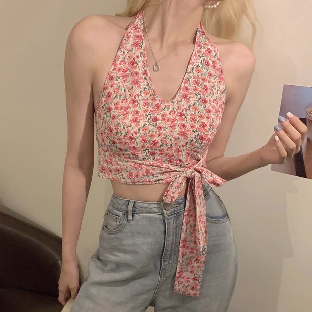 6:30PM Order Mã Áo croptop ulzzang big size cổ yếm hở lưng thắt nơ lưng hoa nhí cực xinh hot trend summer