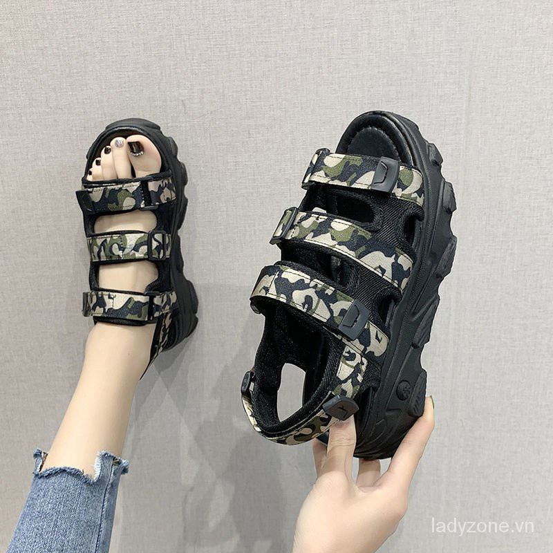 Camouflage Sandals for Women Summer2021NewinsTrendy Thick Bottom Velcro Korean Student All-Matching Beach Shoes