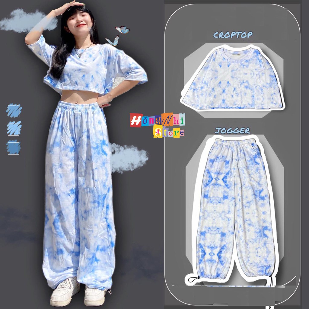 Set Bộ Áo Croptop Loang Màu Tay Lỡ Phối Quần Jogger 3D Ulzzang Dáng Rộng - MM