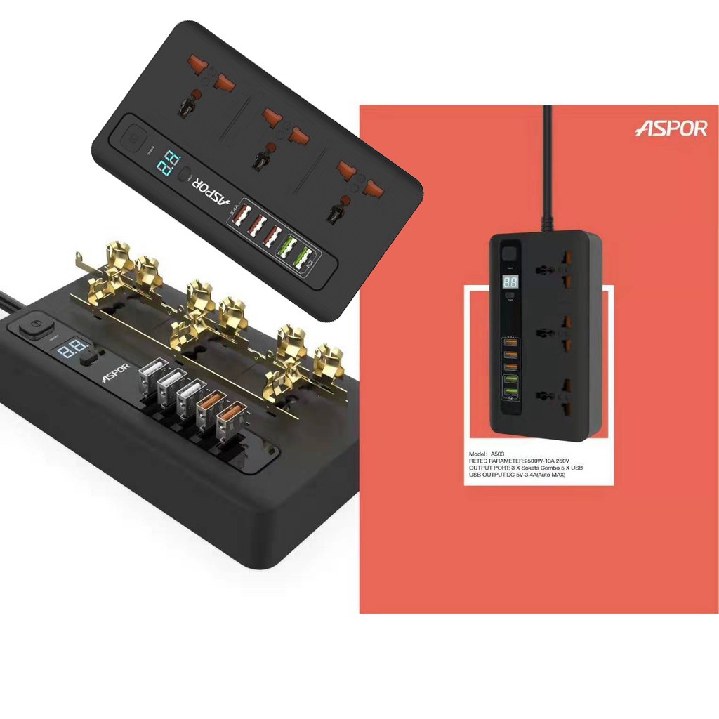 Ổ cắm điện - Ổ điện hẹn giờ thông minh chính hãng ASPOR A503 tự điều áp với 5 cổng USB Sạc nhanh 3.4A