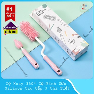 Cọ bình sữa Silicon cao cấp gồm 3 chi tiết có tay cầm xoay 360 độ dùng cho mọi loại bình