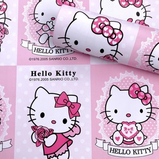 Giấy dán tường decal kitty hồng trắng ô vuông khổ 10m x45cm