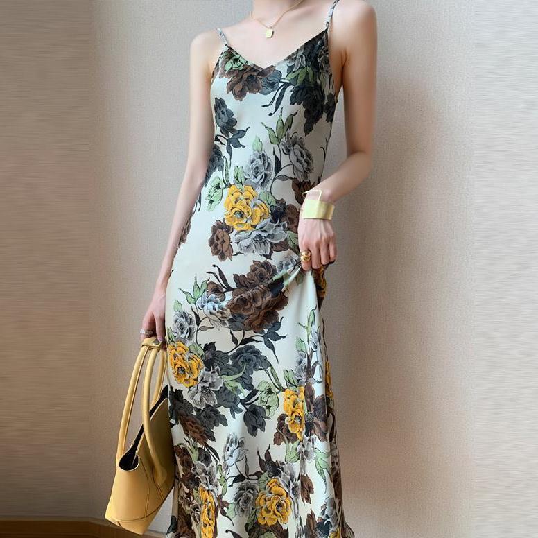 Đầm Dây In Hoa Chất Liệu Satin Cao Cấp Phong Cách Retro Pháp Cho Nữ