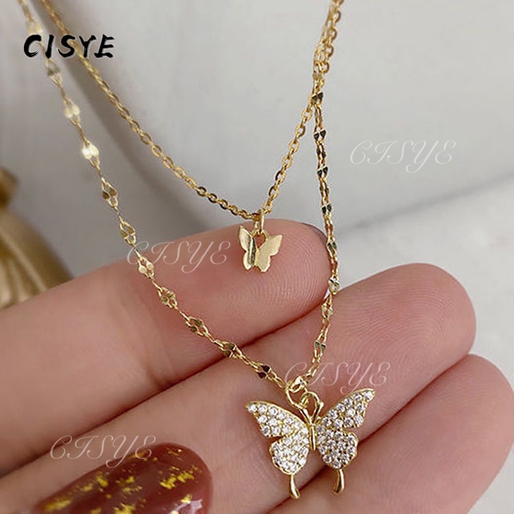 Dây chuyền hai lớp mặt hình bướm đính đá zircon không gây dị ứng cho nữ